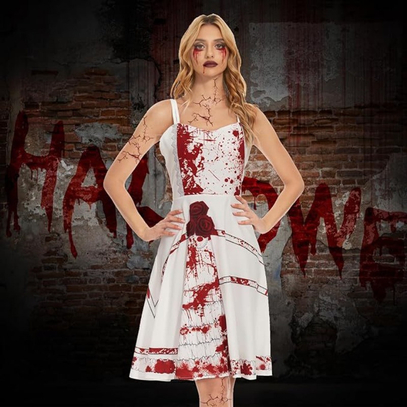 Zombie Party Games - ハロウィンゴーストプレイスーツ 血染めプリントサスペンダードレス スリラー 血染めゾンビ花嫁コスプレスーツ パーティー仮装ダンスドレス