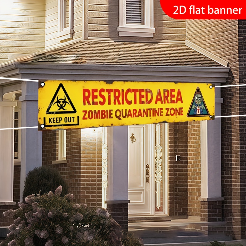 Zombie Party Games - ハロウィーン装飾用の2Dフラットバナー1枚、「警告標識付き禁止区域ゾンビ隔離ゾーン」