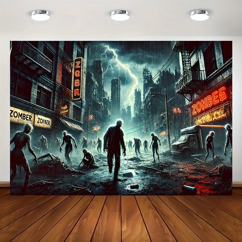 Zombie Party Games - ポストアポカリプス時代の都市を背景にしたゾンビハンターゲーム1個セット。 明るいポリエステル製のバナーが特徴です。 電気不要。 DJHが簡単に行えるように