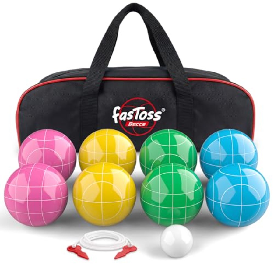 Bocce Ball Lawn - 裏庭・ビーチ用ボッチボールセット：丈夫な樹脂製ボール、マルチカラー、パリーノ、測定ロープ、キャリーバッグ付き、2～8人用