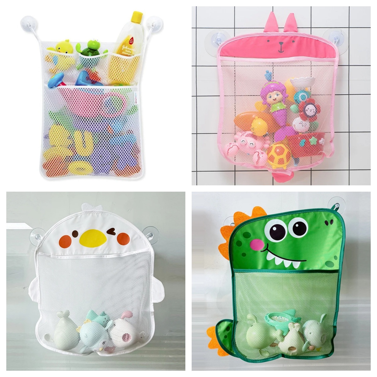 Party Games Baby Shower - ベビーバスルーム用メッシュバッグ、漫画風動物の形をした布製砂遊びおもちゃ収納ネットバッグ、吸盤付きオーガナイザー、子供用お風呂おもちゃキッズバスケット