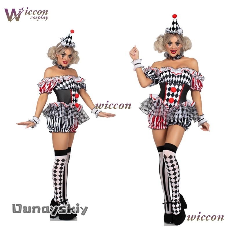 Party Games Online - 女性ピエロコスプレ衣装サーカスパフォーマンス衣装ロールプレイ制服ハロウィーンパーティーカーニバル道化師ドレス{Anna zhang Online} ‌
