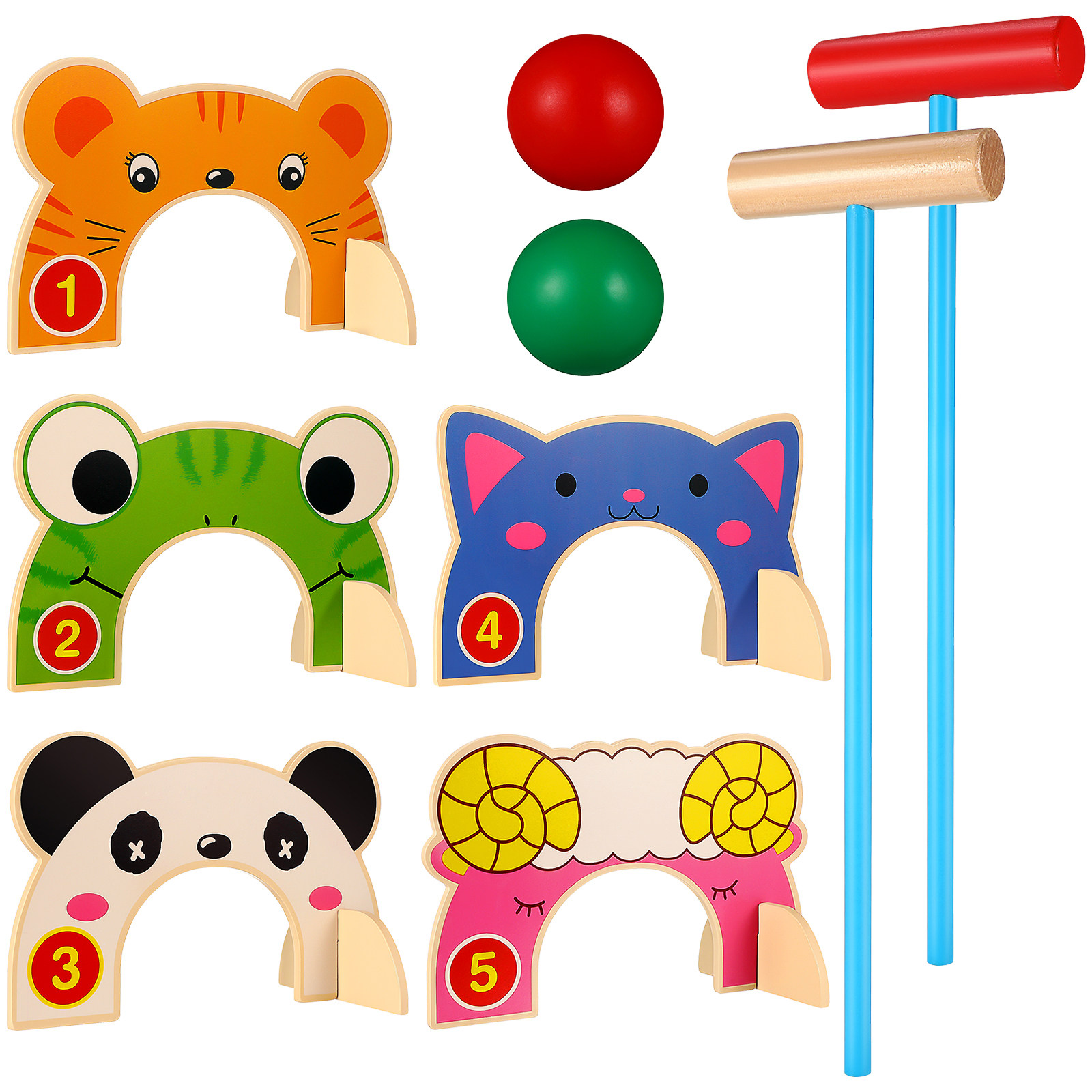 カラフルな漫画風動物クロケットゲートセット 木製ハンマーボー - Croquet Set Lawn のレビューと価格